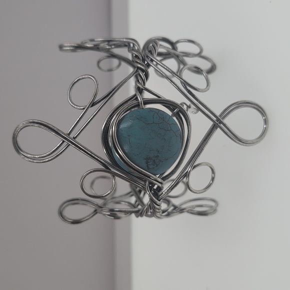 Elegant Silver Wire Arm Or Wrist Bracelet with Blue Agate Stone Hand Crafted - Picture 3 of 6